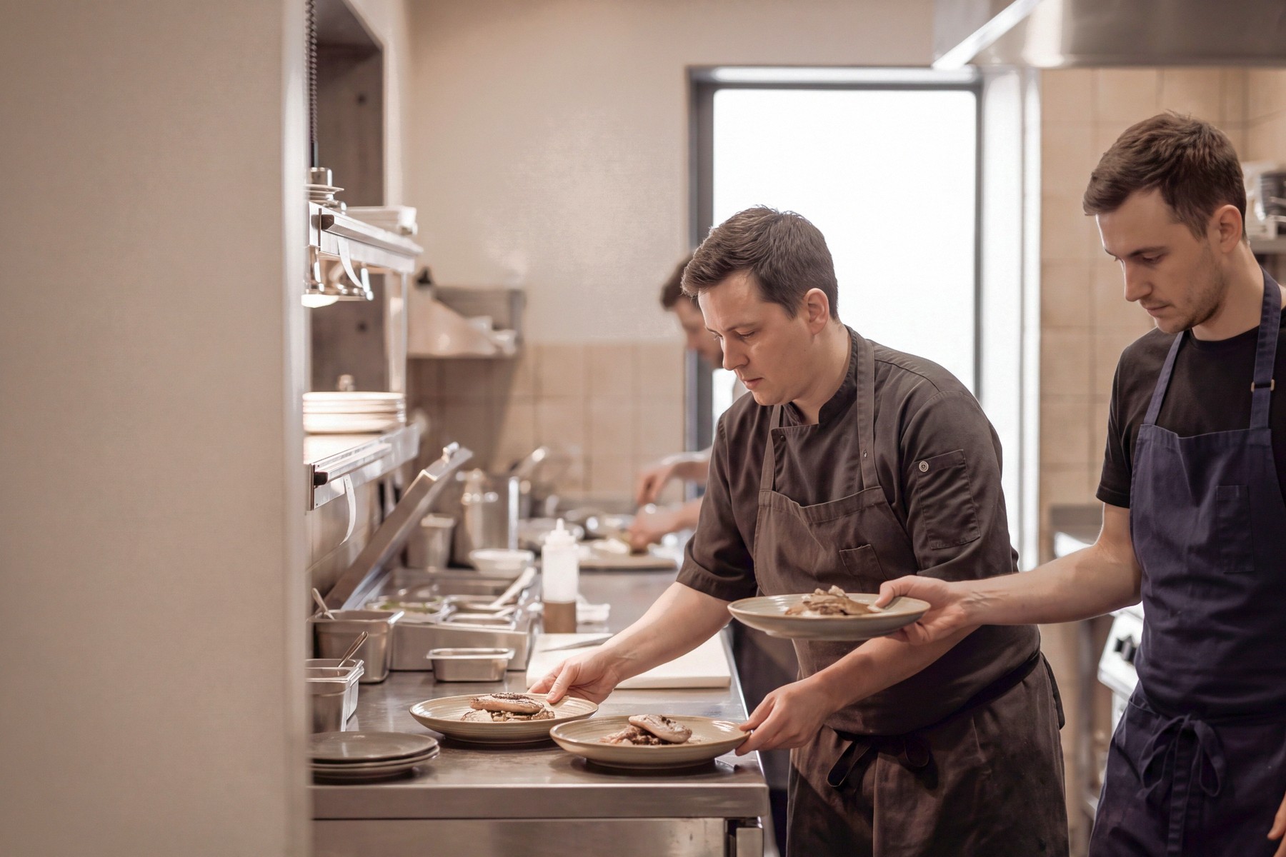 A server carrying plates through a full restaurant