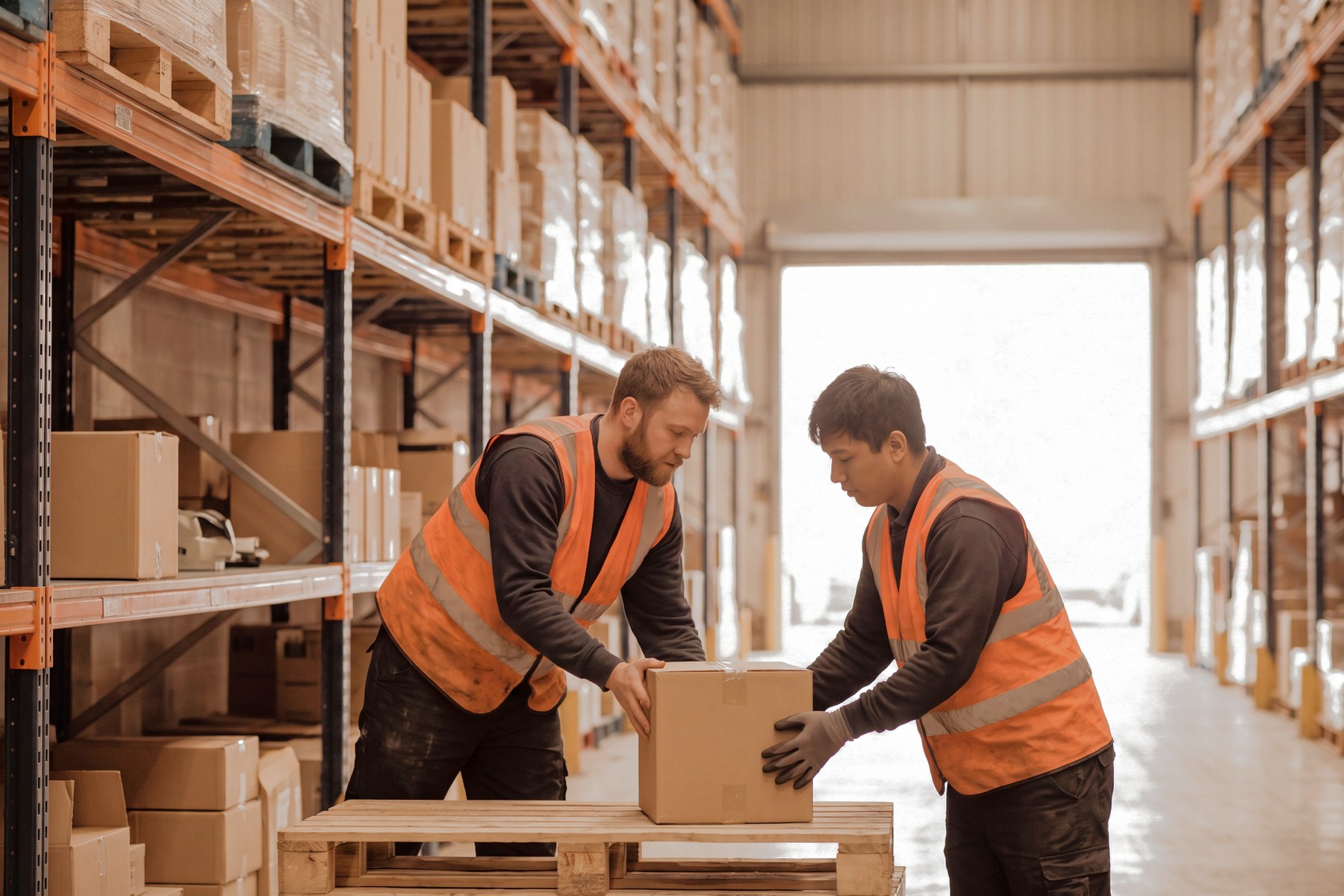 Two warehouse workers stacking cartons onto a pallet