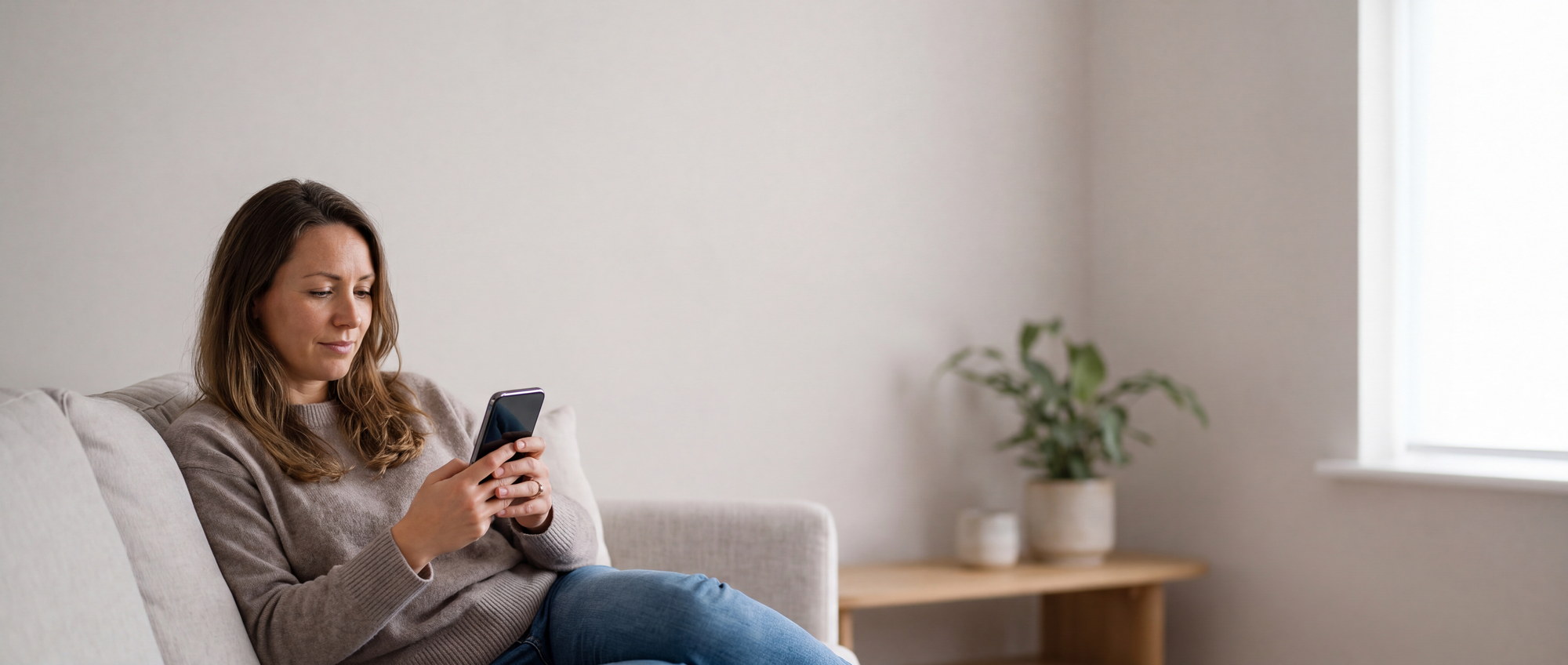 A candidate at home, checking her Radius Passport on her phone