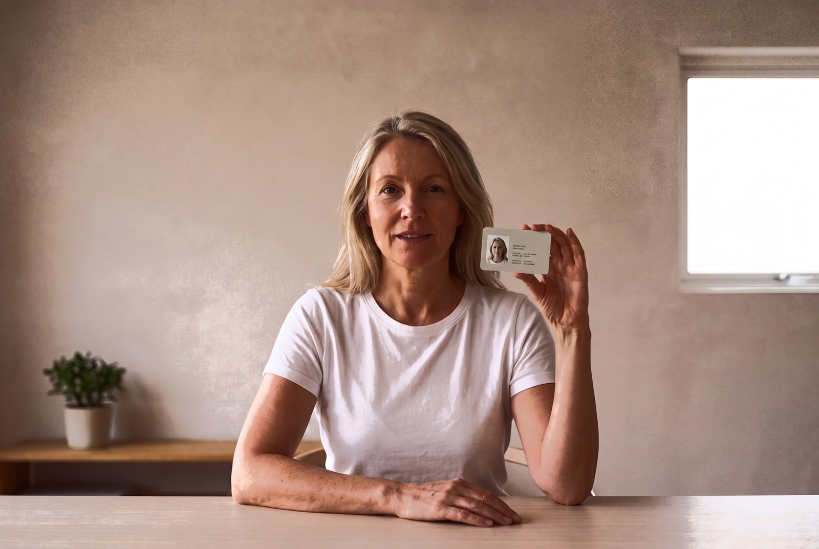 A candidate holding her ID up to the phone camera