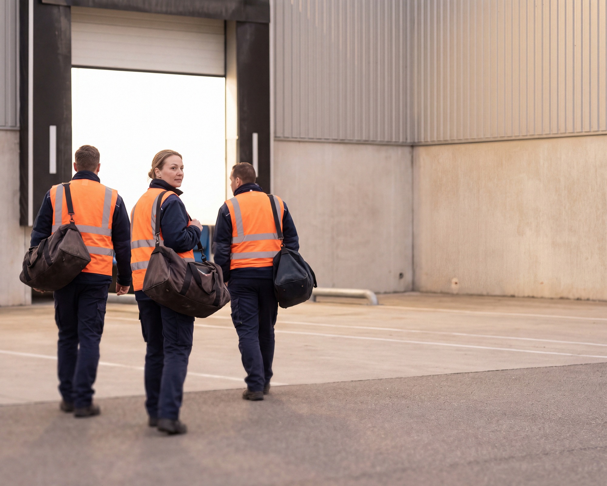 A shift walking in through the loading door at first light