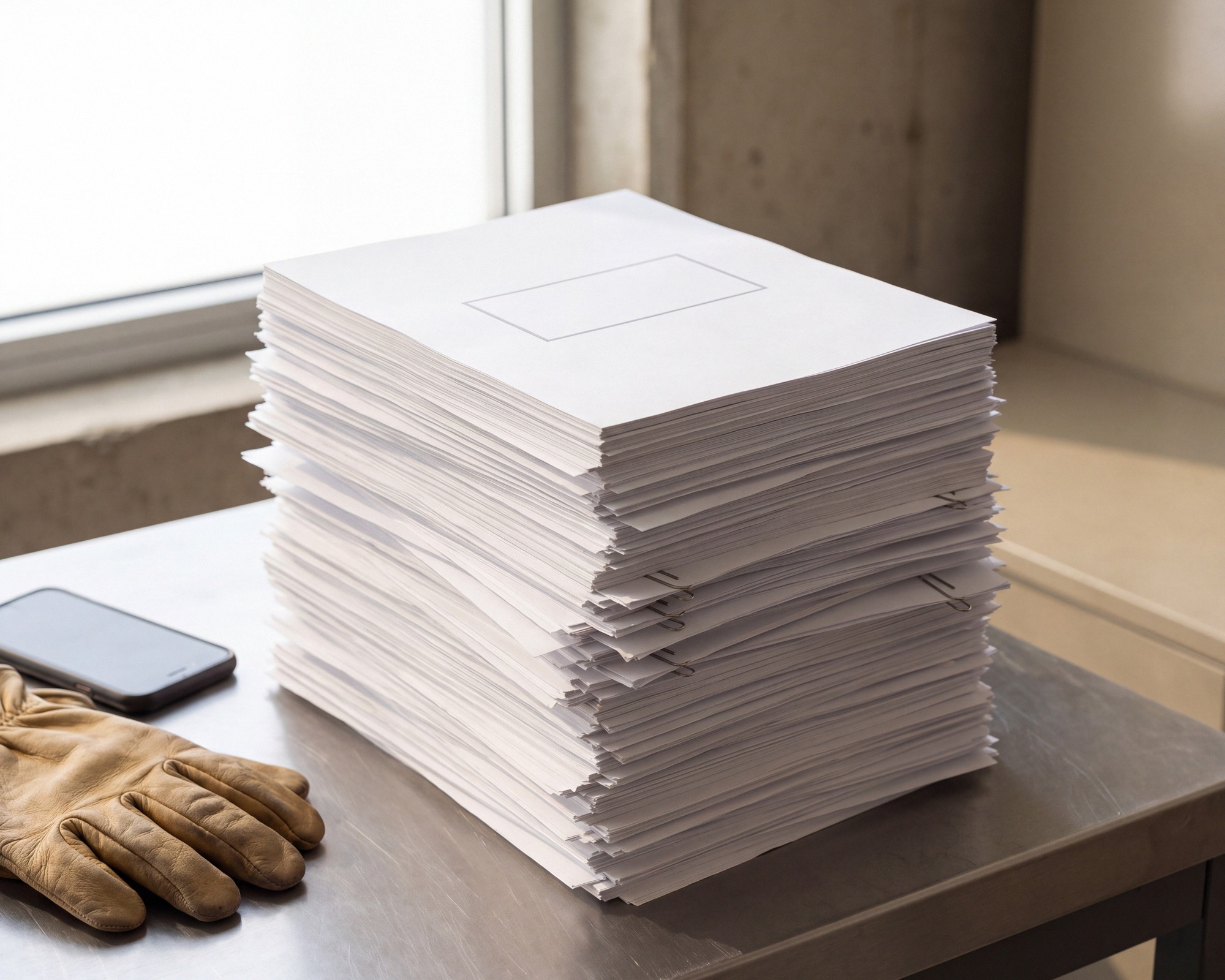 A stack of printed applications on a table in the site office